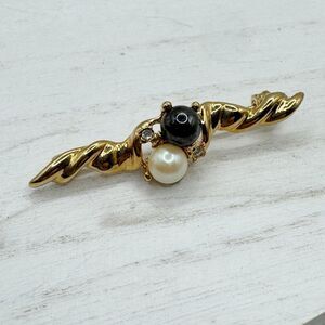 Vintage 1928 Jewelry Co Bar Brooch Pin w/White & Black Pearls & Rhinestones